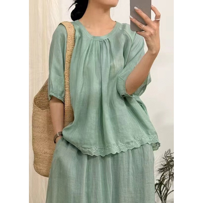 Art Green Wrinkled Lace Solid Linen Blouse Half Sleeve