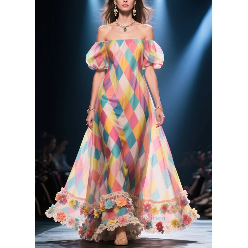 Art Multicolour Plaid Flower Decorated Silk Strapless Dress Puff Sleeve