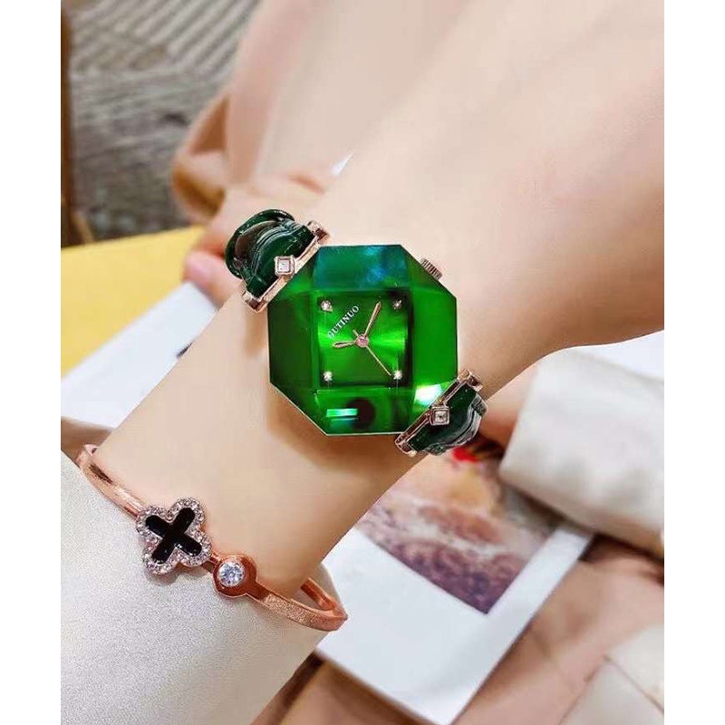Beautiful Green Leather Tempered Glass Waterproof Watch