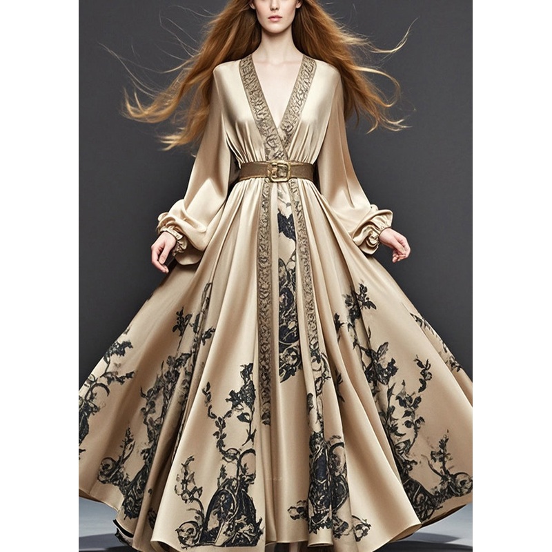 Beautiful Khaki Print Silk Dress Cinched Exra Large Hem Spring