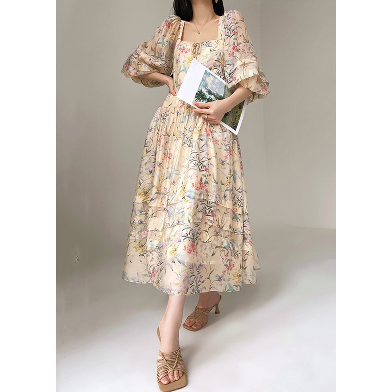 Beautiful Print Square Collar Silk Dresses Lantern Sleeve
