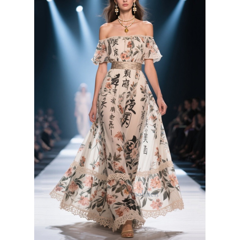 Beautiful White Cold Shoulder Print Chiffon Tunic Dresses Summer