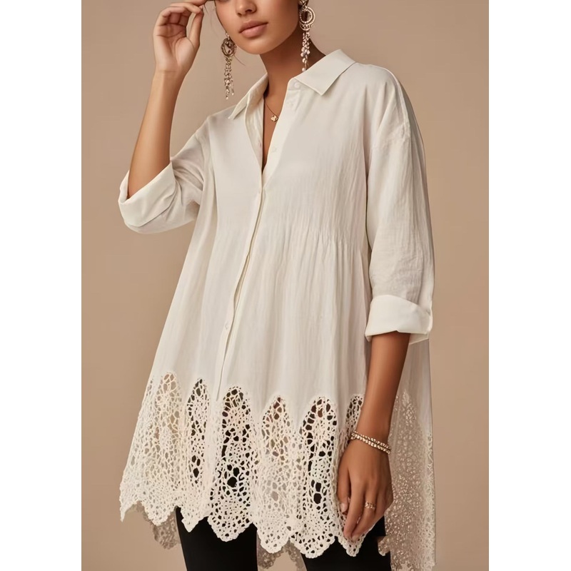 Beautiful White Oversized Hollow Out Cotton Long Top Spring