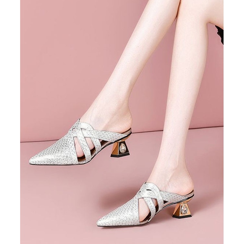 Beige Cowhide Leather Hollow Out Fashion Splicing Slide Sandals Pointed Toe