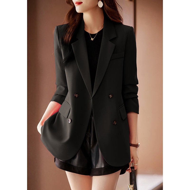 Black Cotton Coat Outwear Asymmetrical Double Breast Spring