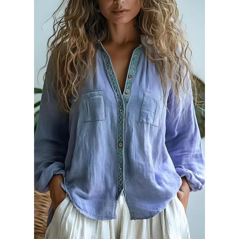 Bohemian Purple V-Neck Print Button Cotton Shirts Tops Spring
