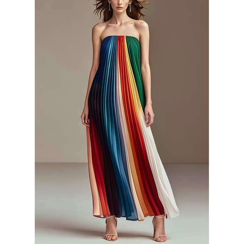 Bohemian Rainbow Wrinkled Chiffon Strapless Dress Summer