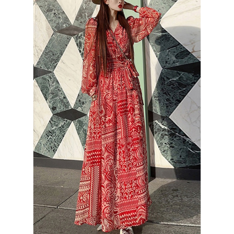 Bohemian Red Print Tie Waist Vacation Long Dresses Spring