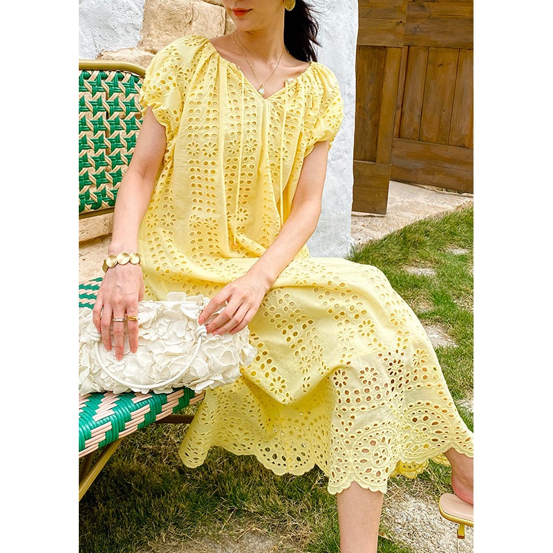 Boutique Yellow O-Neck Hollow Out Knitted Cotton Long Dress Summer