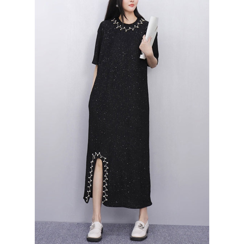 Casual Black Sequins Side Open Cotton Straight Dress Summer