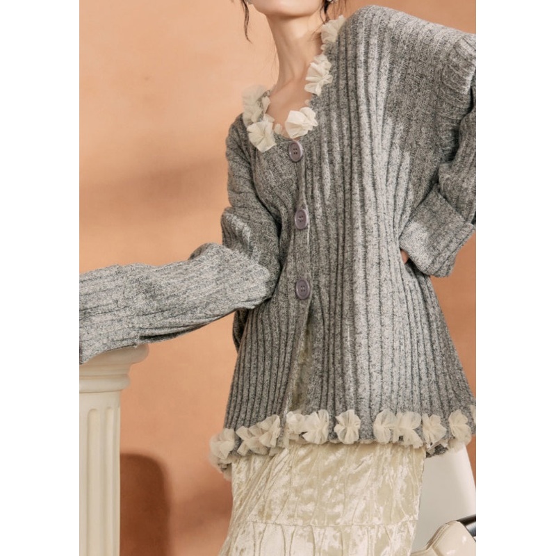 Casual Grey Button Tulle Patchwork Cotton Knit Cardigan Spring