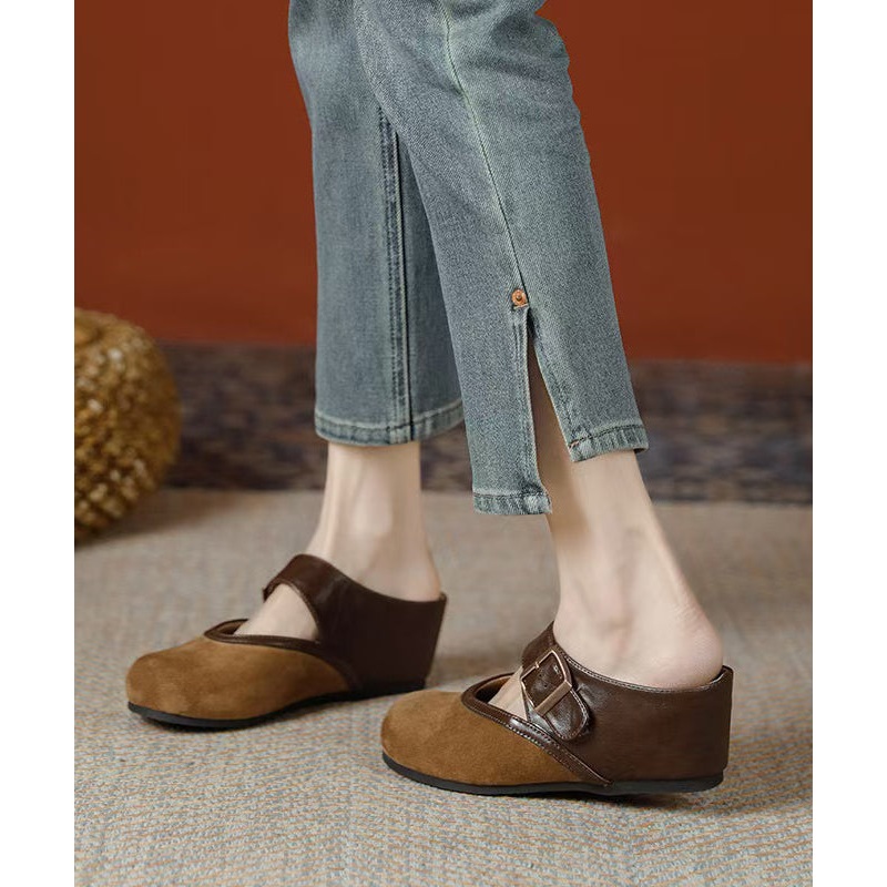 Casual Splicing Wedge Brown Suede Slide Sandals