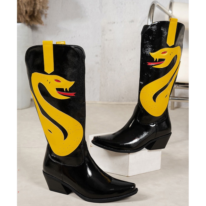 Chic Black Boots Chunky Faux Leather Splicing Pointed Toe