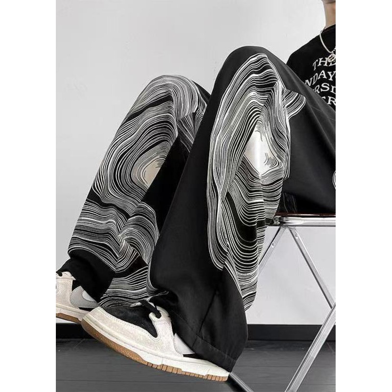 Chic Black Pockets Elastic Waist Cotton Pants Men Spring