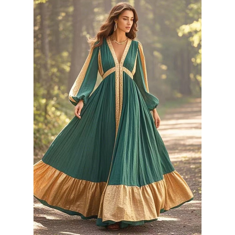 Chic Blackish Green V Neck Patchwork Exra Large Hem Cotton Vestidos Dress Spring