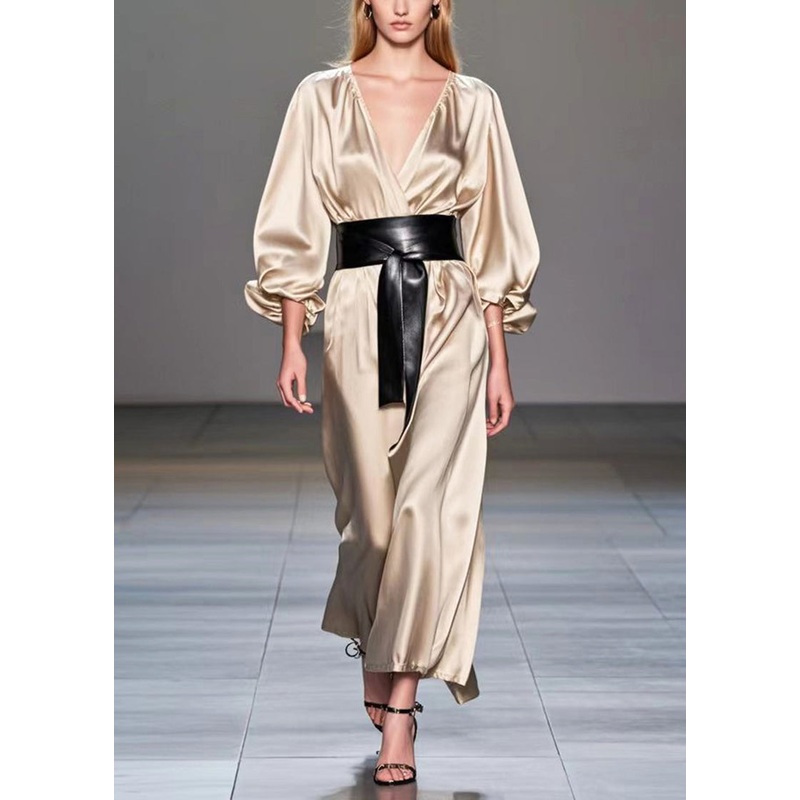 Chic Champagne V Neck Cinched Silk Holiday Dress Spring