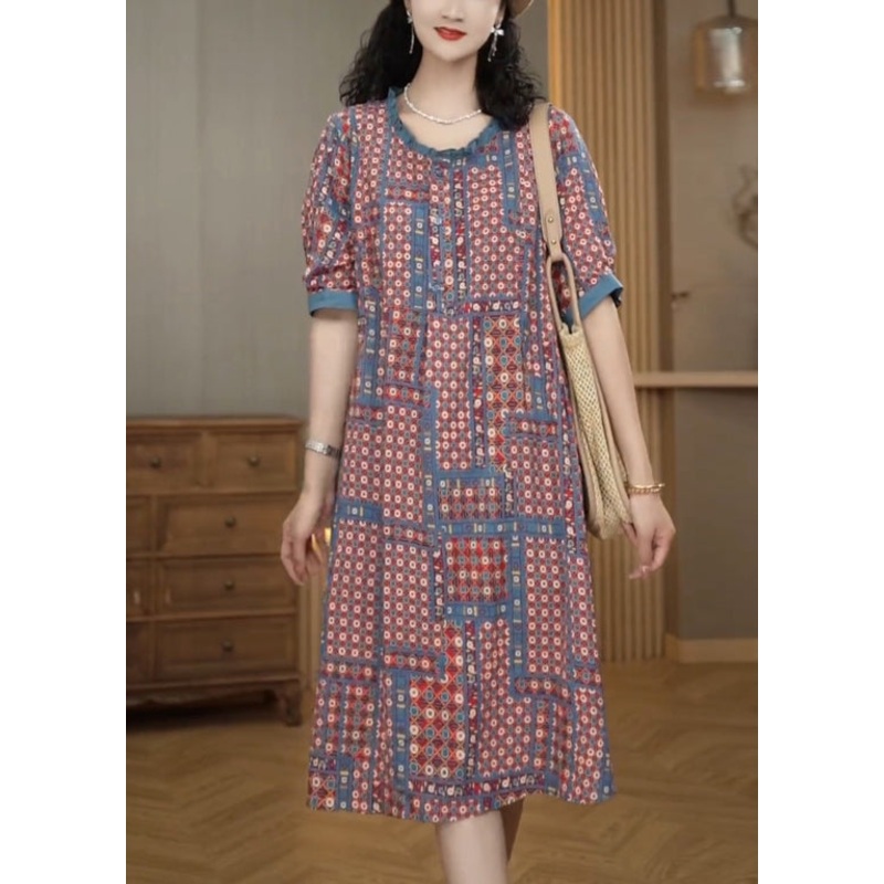 Chic Ruffled Print Cotton A Line Dress Summer