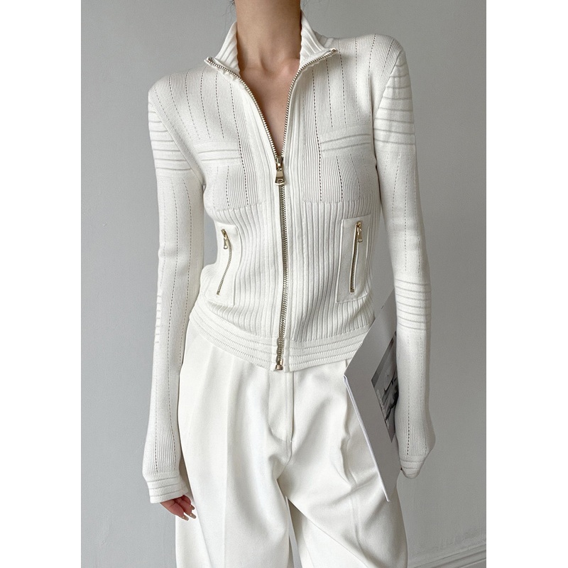 Chic White Stand Collar Zip Up Patchwork Woolen Knit Cardigans Winter