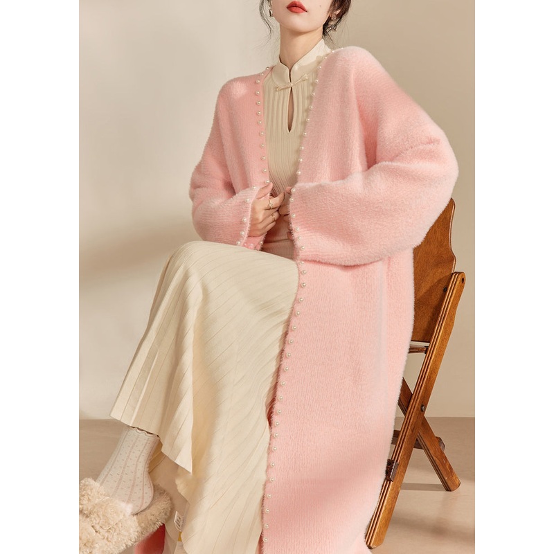 Classy Pink V Neck Nail Bead Cotton Knit Long Coat Spring