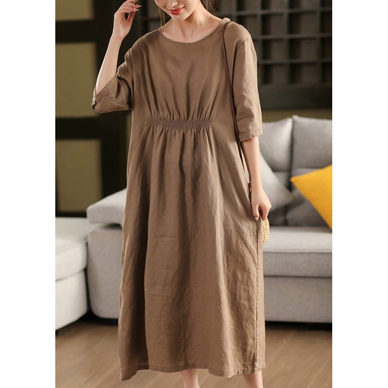 Coffee Wrinkled Button Linen Dress O Neck Summer