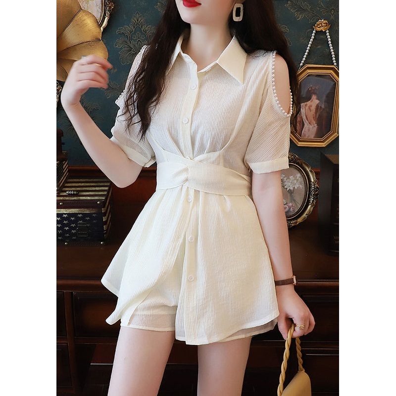 Elegant Beige Pearl Shirts And Shorts Cotton Two-Piece Set Summer