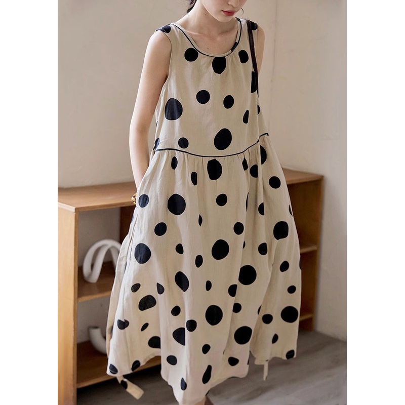 Elegant Khaki Dot Pockets Tie Waist Cotton Long Dress Sleeveless