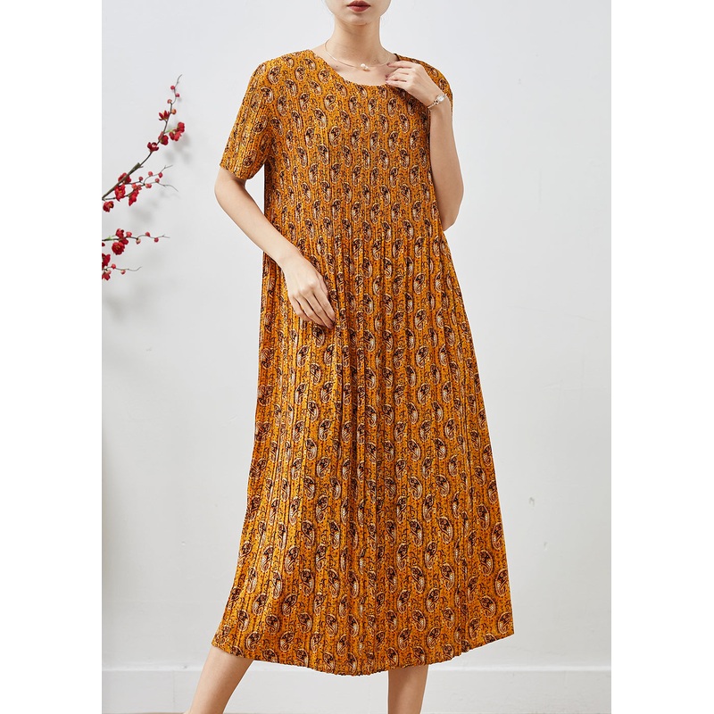 Elegant Yellow Print Chiffon Pleated Dress Summer