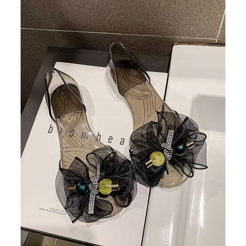 Fashion Black Bow Splicing Clear Sandals Peep Toe