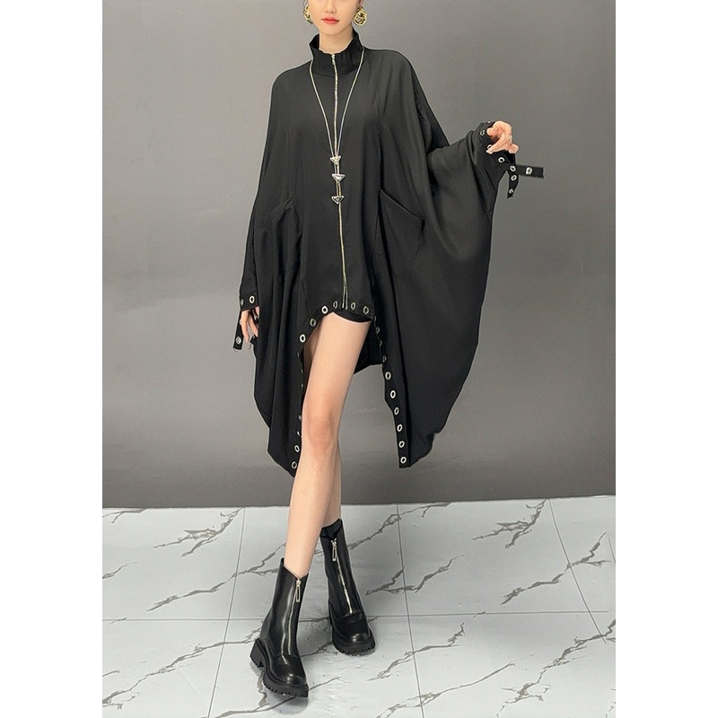 Fashion Black Turtleneck Asymmetrical Patchwork Maxi Coats Batwing Sleeve