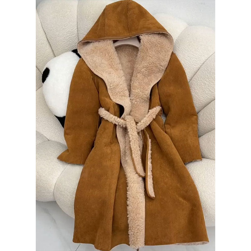Fashion Brown Hooded Tie Waist Fleece Wool Lined Coat Winter