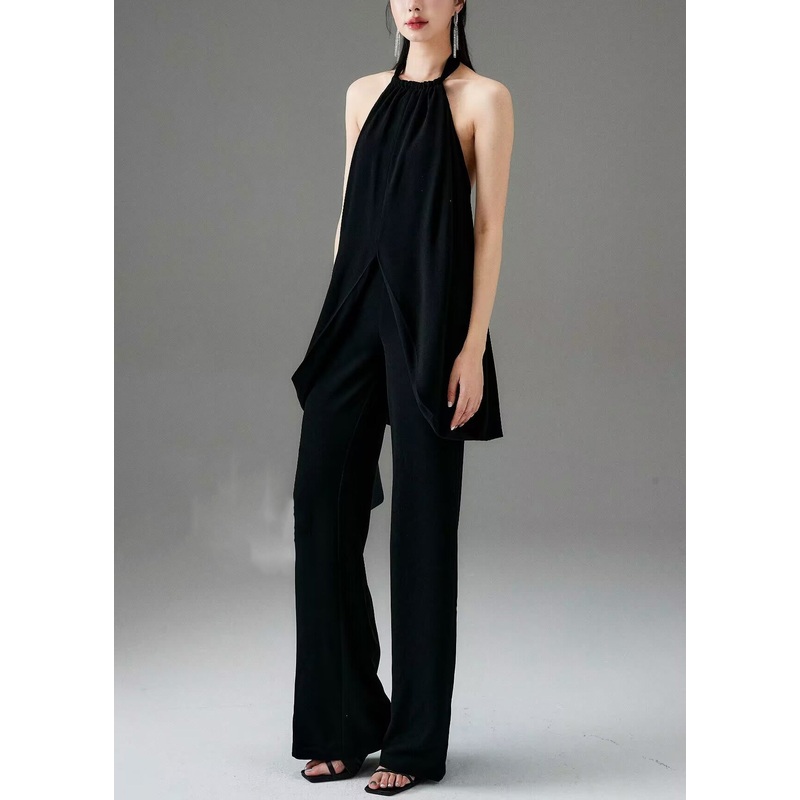 Fine Black Backless Front Open Cotton Two Pieces Set Sleeveless