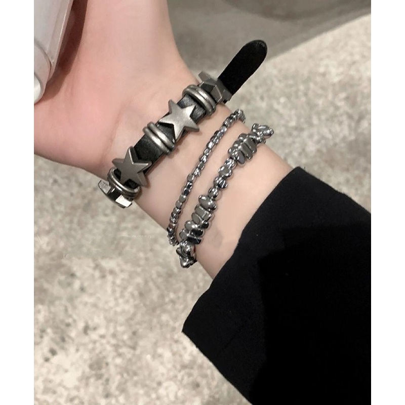 Fine Grey Alloy PU Chain Star Bracelet Three-Piece Set