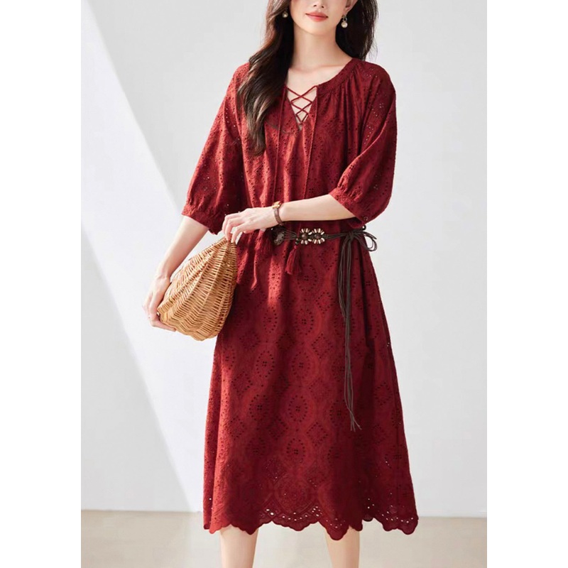 Fine Red V Neck Tie Lace Pockets Maxi Dresses Summer