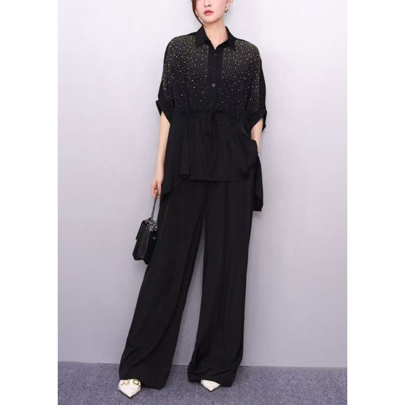French Black Oversized Rhinestone Two Pieces Set Summer