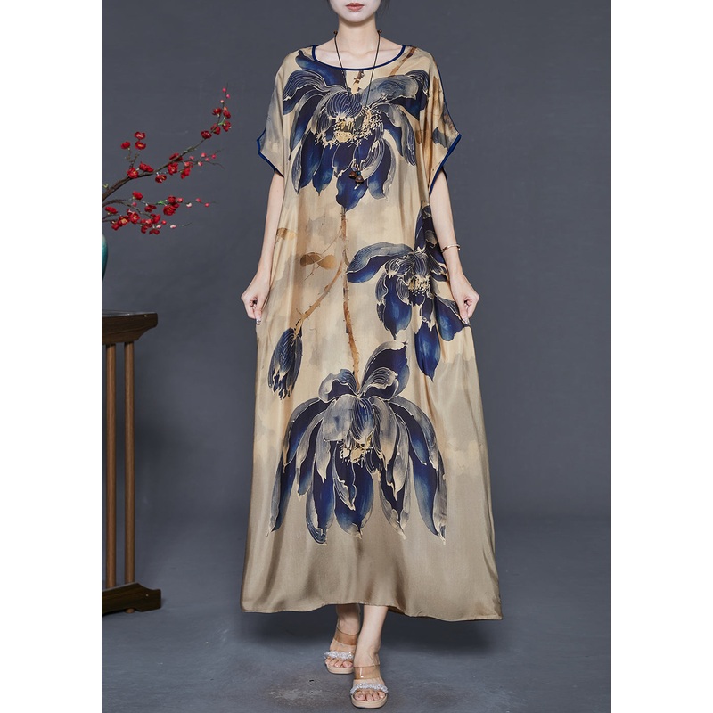 French Khaki Oversized Print Silk Robe Dresses Summer