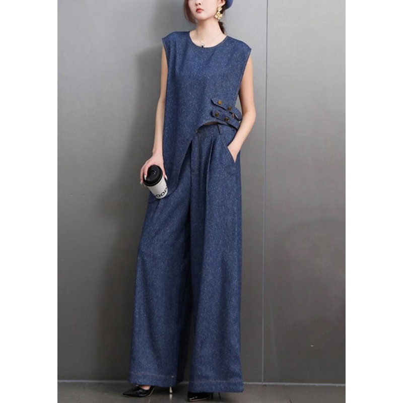 French Navy Asymmetrical Design Denim Two-Piece Set Sleeveless