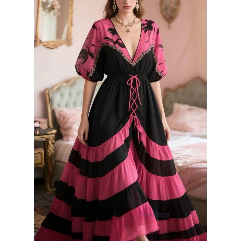 French Rose Cross Strap Patchwork Chiffon Party Dress Summer