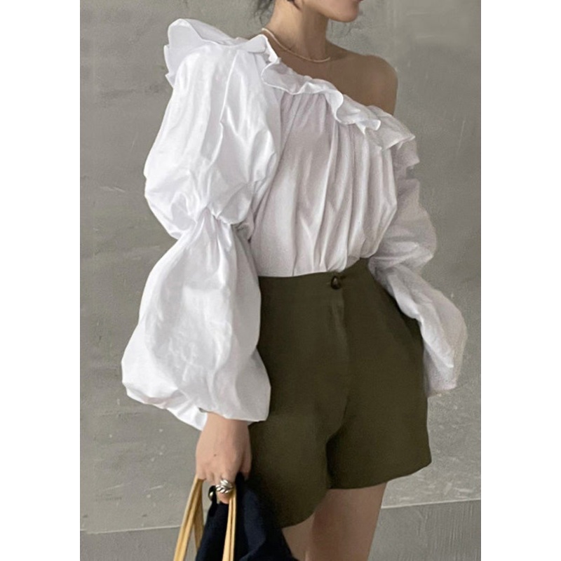 French White Cold Shoulder Cotton Blouse Top Puff Sleeve