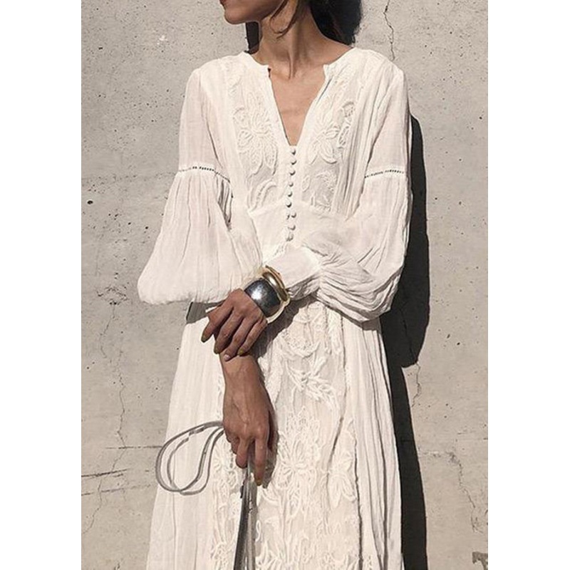 French White Embroidered High Waist Long Dress Lantern Sleeve