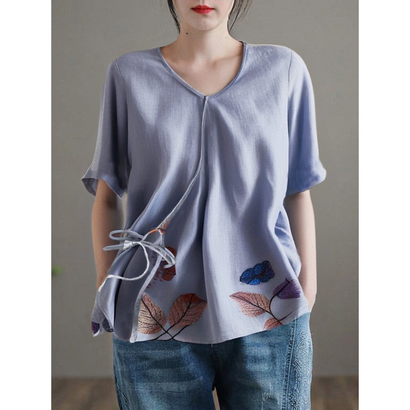 Grace Light Blue V Neck Embroideried Tie Waist Cotton Linen Top Short Sleeve