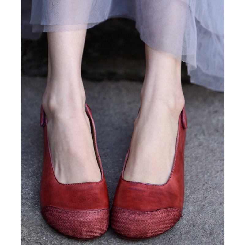 Handmade Red Cowhide Leather Comfy Splicing Flat Shoes