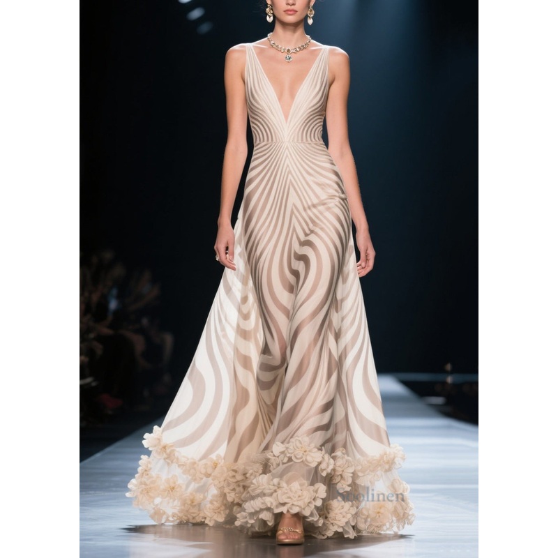 Italian Apricot Striped Flower Decorated Chiffon Cami Dress Summer