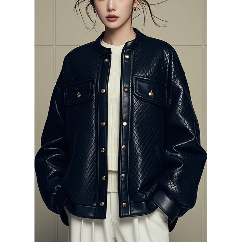 Italian Black Button Pockets Faux Leather Coats Winter