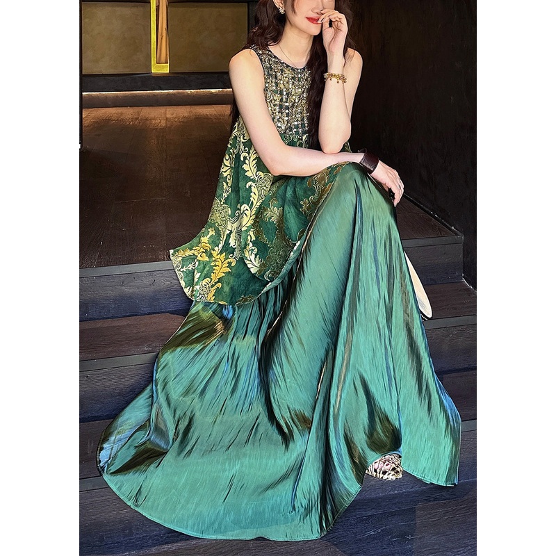 Italian Green O Neck Sequins Tulle Patchwork Silk Dresses Sleeveless