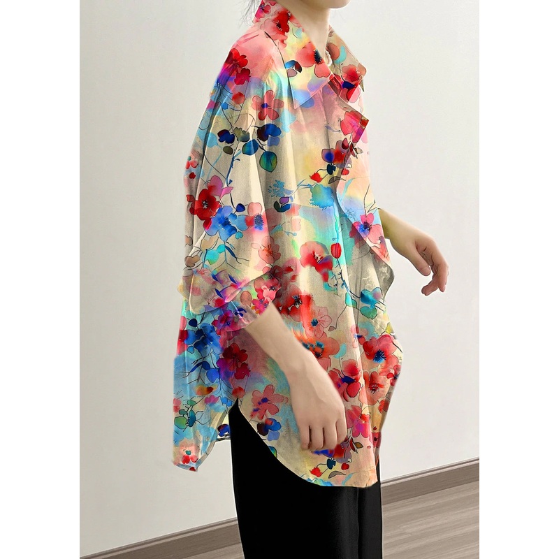 Italian Orange flowers Peter Pan Collar Ruffled Cotton Shirt Tops Early Spring