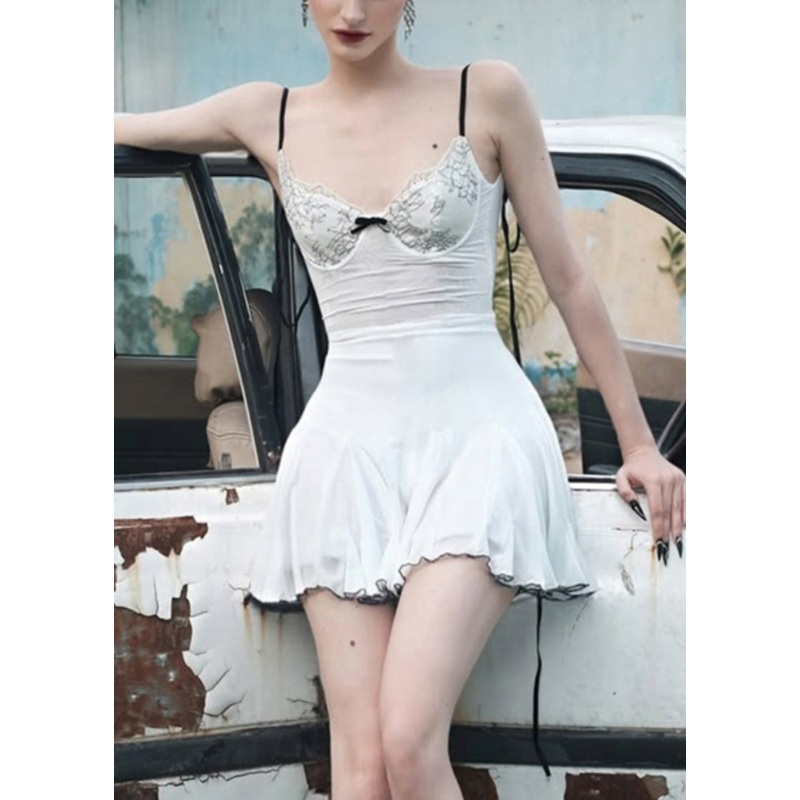 Italian White Stand Collar Tulle Mid Spaghetti Strap Dress Sleeveless