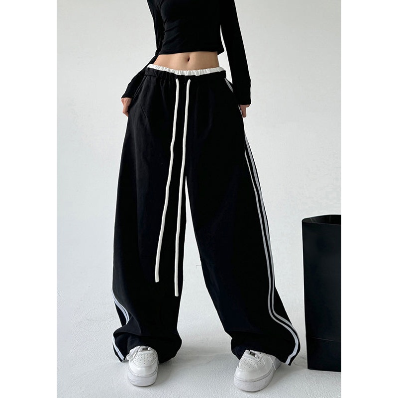 Loose Black Pockets Patchwork Drawstring Wide Leg Pants Spring