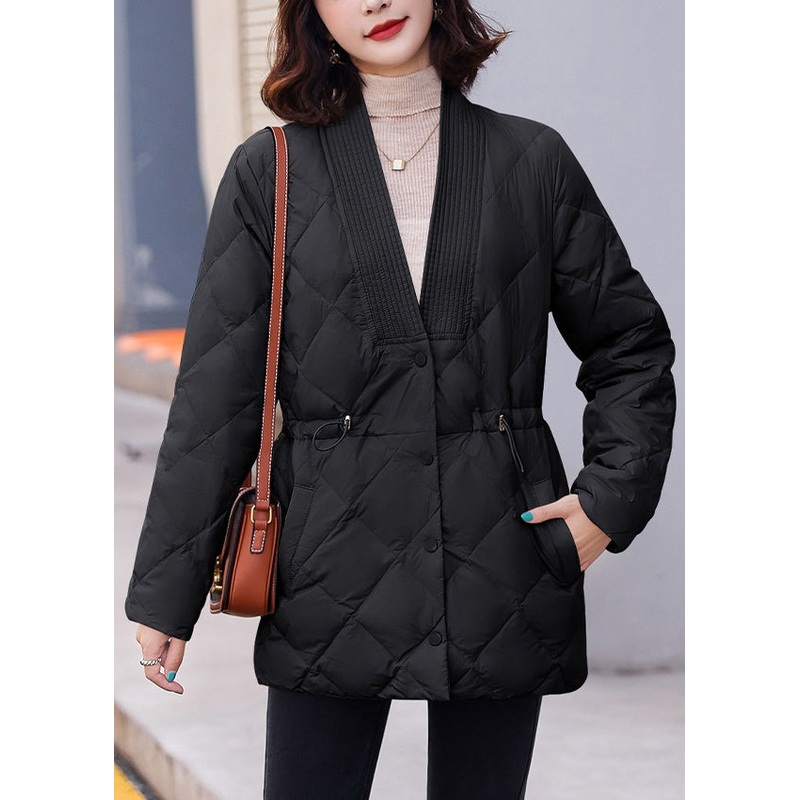 Loose Black V Neck Button Drawstring Parka Winter