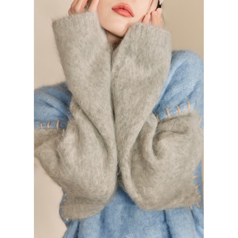 Loose Blue O-Neck Patchwork Thick Cotton Knit Sweaters Spring