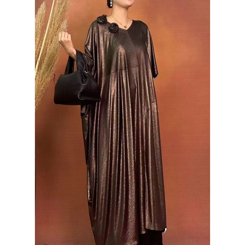 Loose Brown O-Neck Patchwork Floral Silk Maxi Dresses Spring